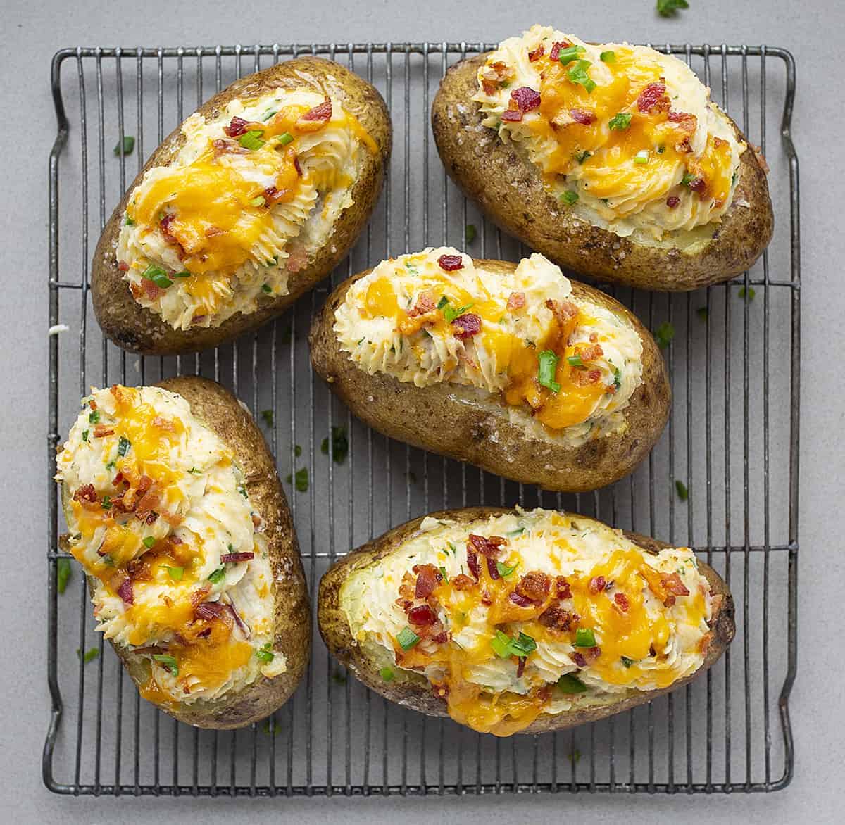 Overhead view of Jalapeno Popper Twice Baked Potatoes on a Cooling Rack