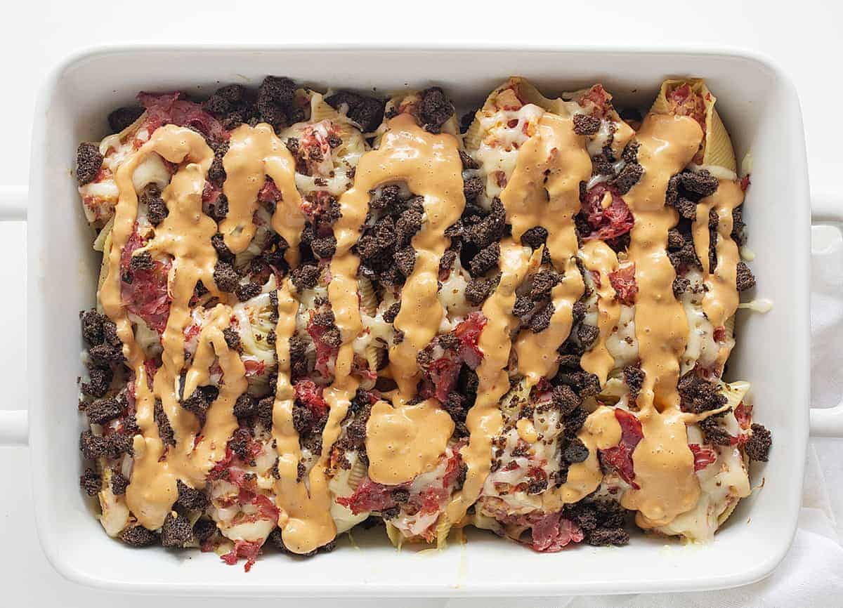 Overhead Image of Reuben Stuffed Shells in White Casserole Dish