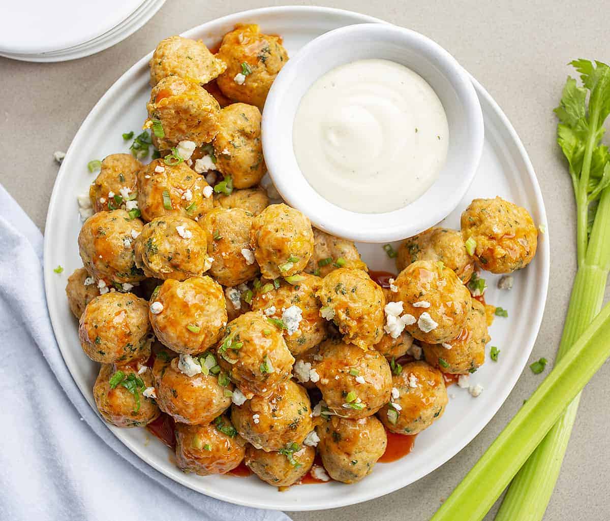Overhead view of Buffalo Chicken Meatballs with Ranch