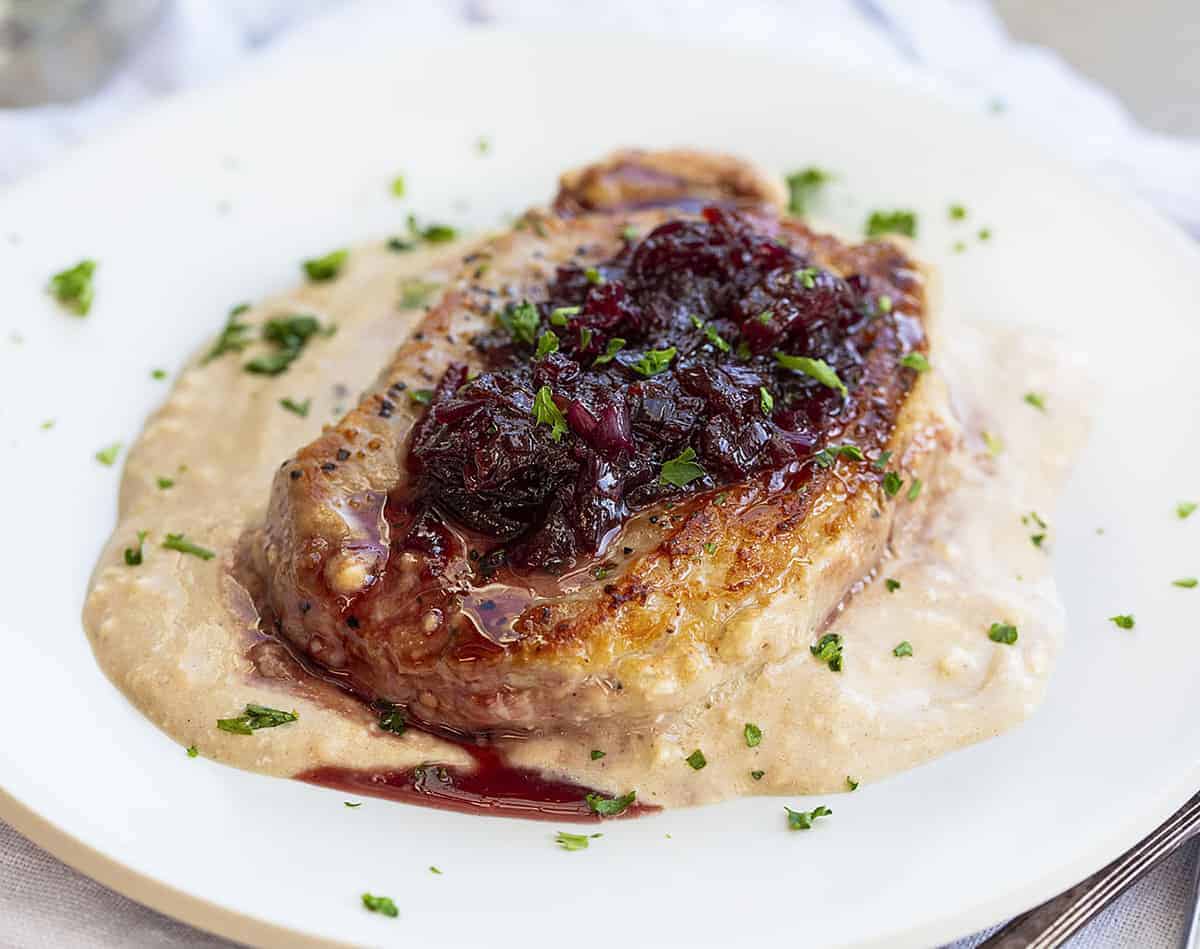 Cherry Pork Chops Recipe On White Plate