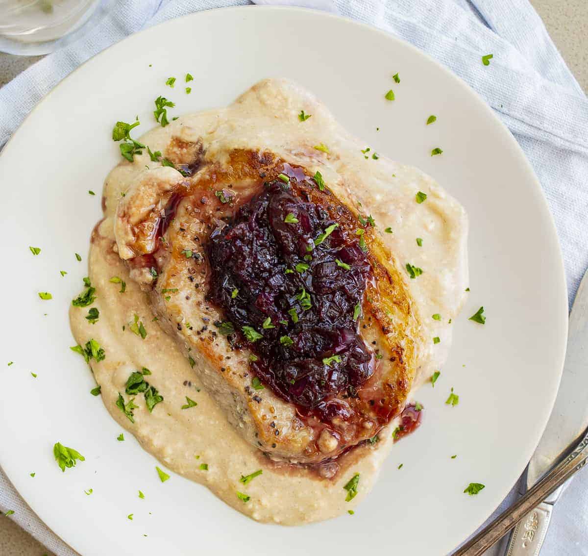 Overhead Image of Cherry Pork Chops Recipe on Plate