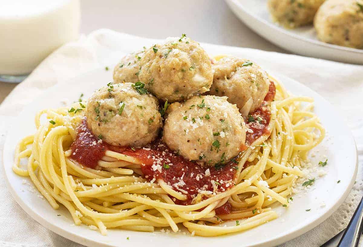 Chicken Meatball Spaghetti on White Plate