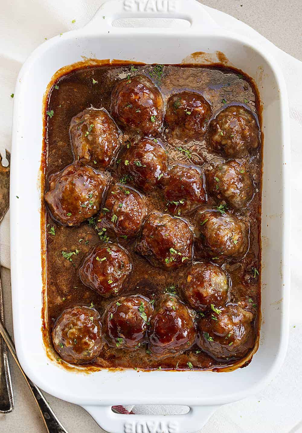 Overhead of Honey BBQ Meatballs in a White Pan