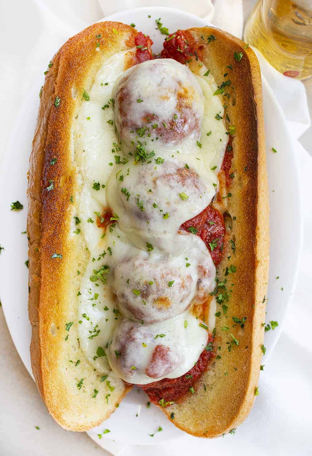 Stuffed Meatball Sub from Overhead on White Plate