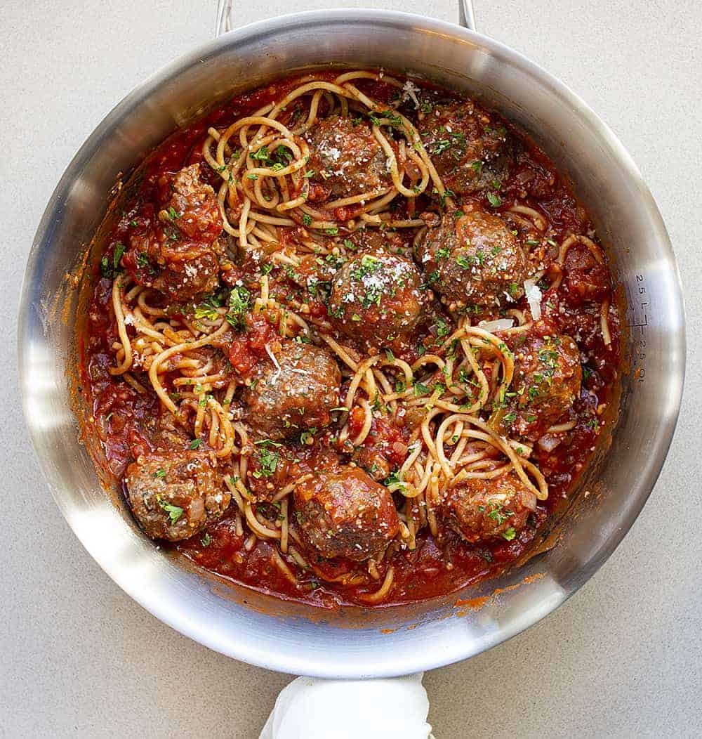 Spaghetti and Meatballs in a Saute Pan From Overhead