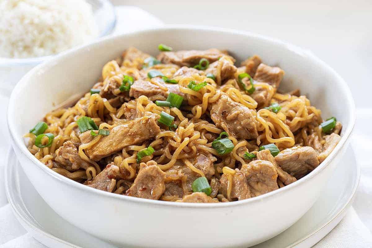 Easy Spicy Pork Noodles in White Bowl