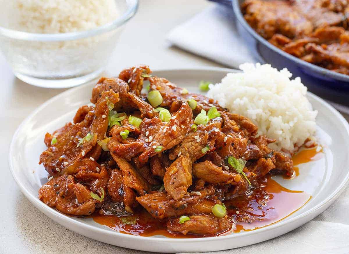 Easy Korean BBQ Pork Recipe on White Plate with White Rice