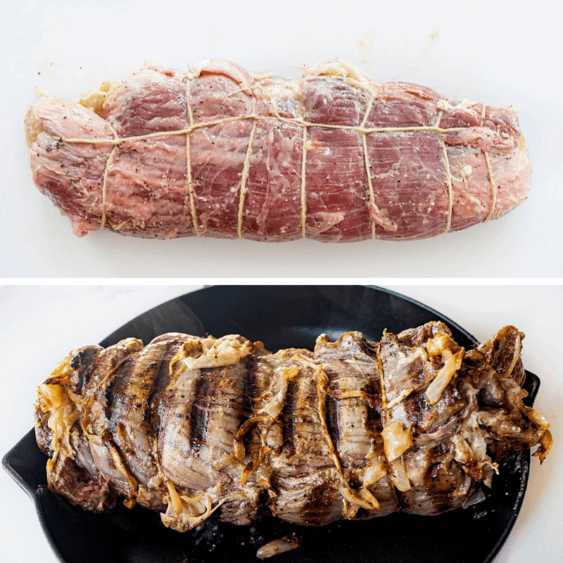 Process Image of Tied Raw Flank Steak and Then Grilled Flank Steak