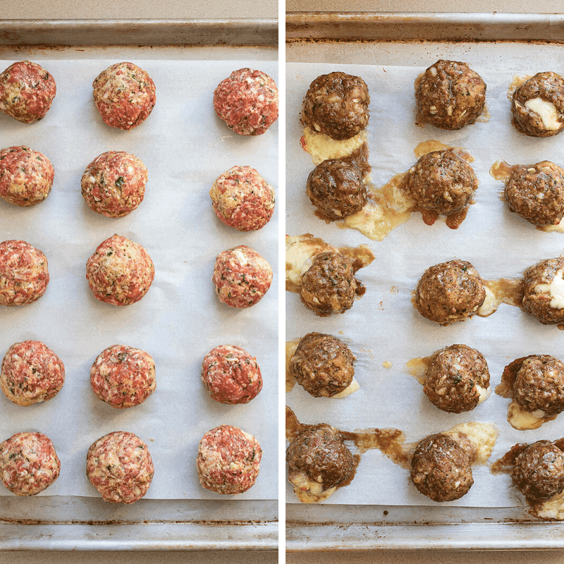 Raw and Cooked Meatballs on Pans, process shots