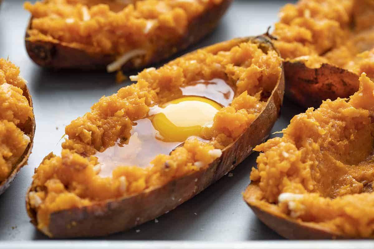 Adding Egg to Twice Baked Breakfast Sweet Potatoes