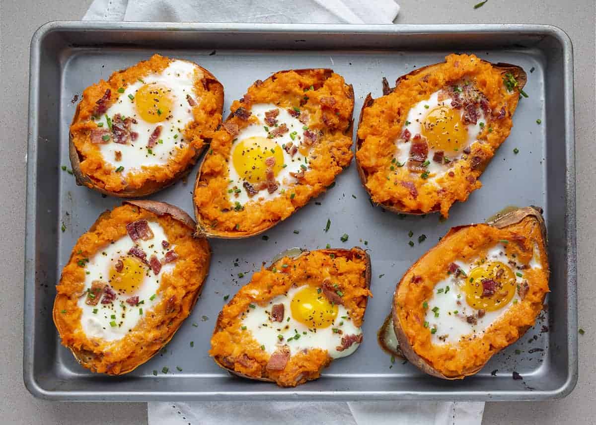 Overhead view of Twice Baked Breakfast Sweet Potatoes on Sheet Pan