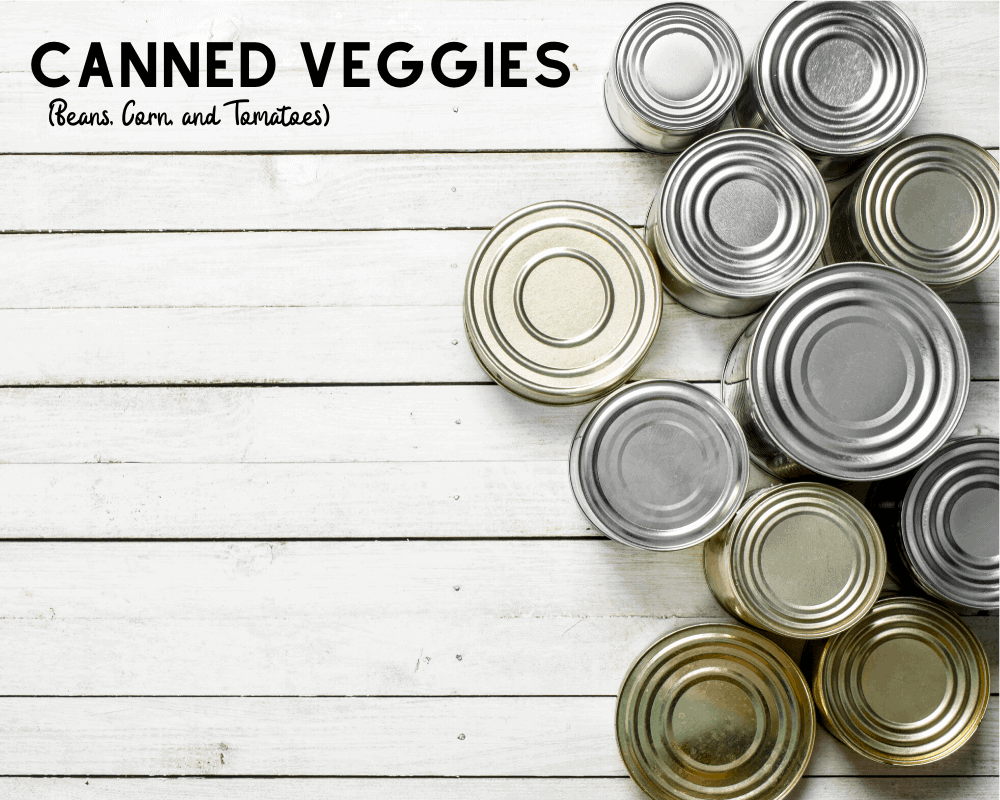 Canned Veggies like Bean, Corns, and Tomatoes make great pantry staples! Overhead view of cans