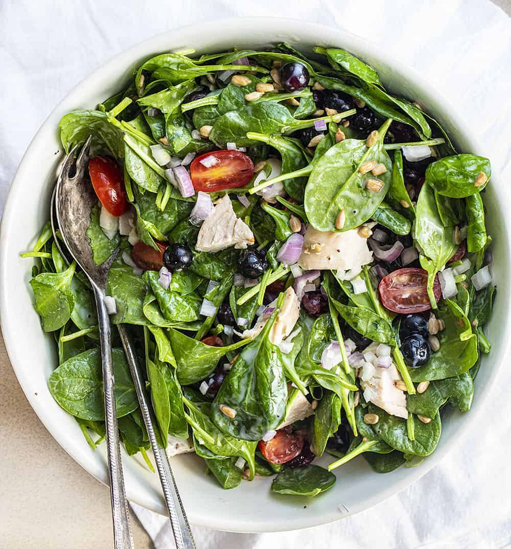 Mixed Up Blueberry Spinach Salad From Overhead with Spoons