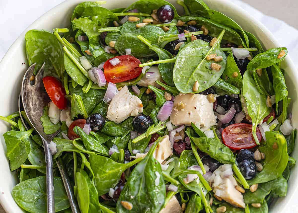 Close up of Blueberry Spinach Salad with Salad Forks