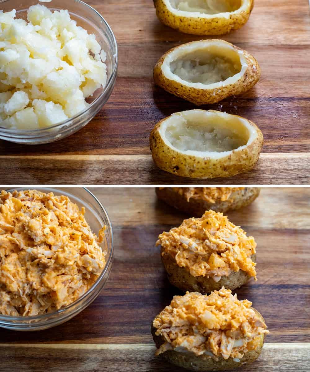 Steps for Making Buffalo Chicken Twice Baked Potatoes with Baked and Hallowed Out Potatoes and Then Filling with Buffalo Chicken Filling.