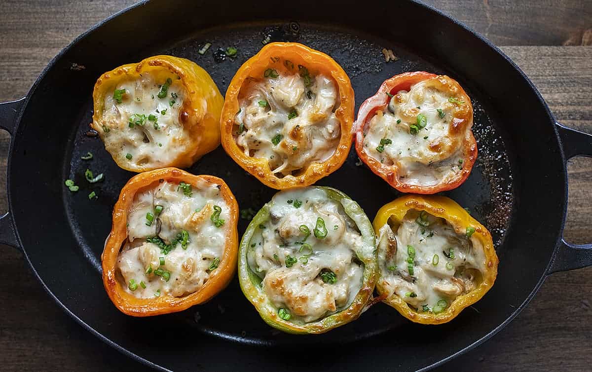 Overhead View of Skillet with Chicken Mushroom Stuffed Peppers