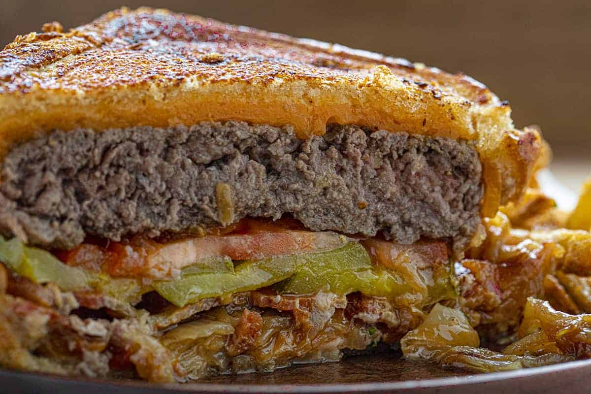 Close up of the Inside of a Bacon Cheeseburger Patty Melt