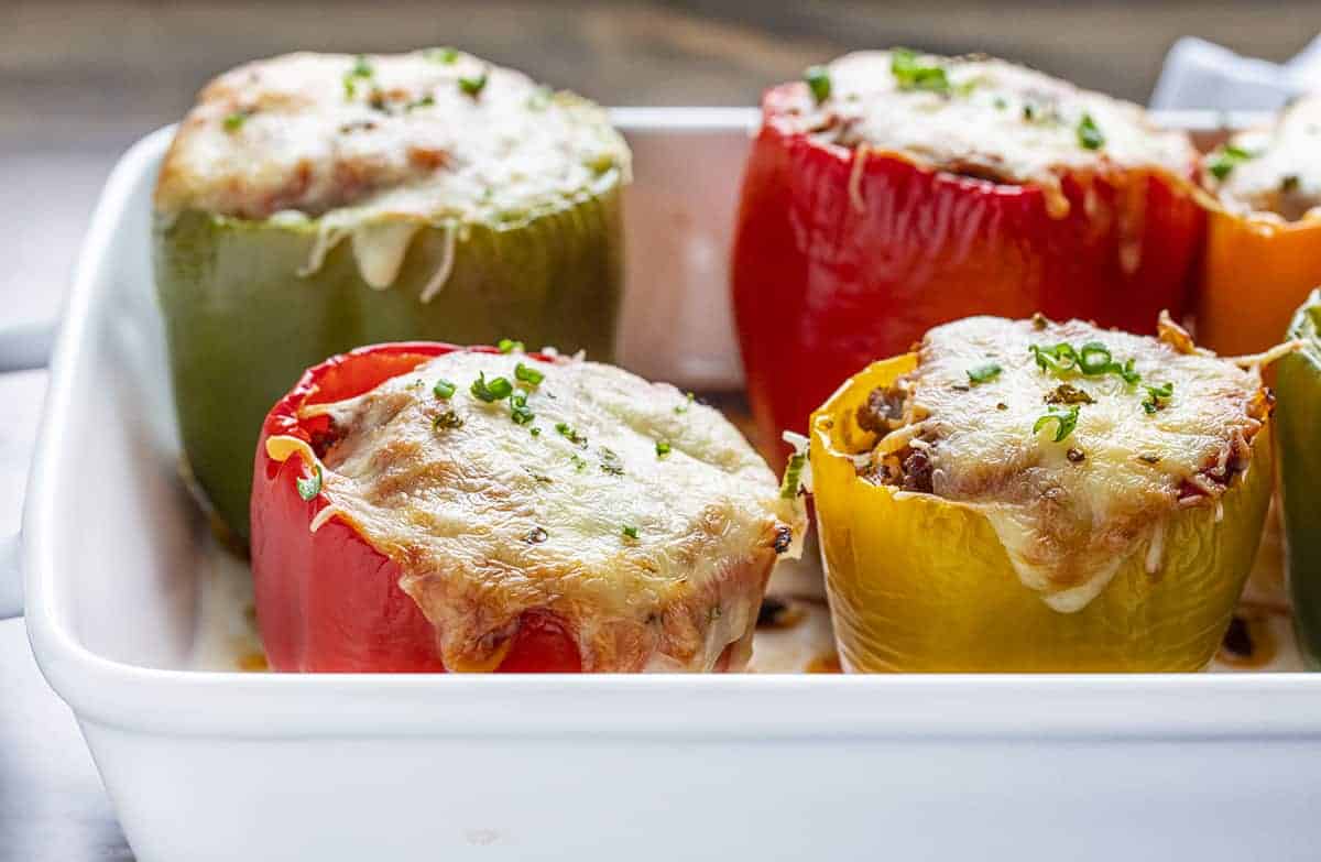 Stuffed Peppers standing in What Casserole Pan