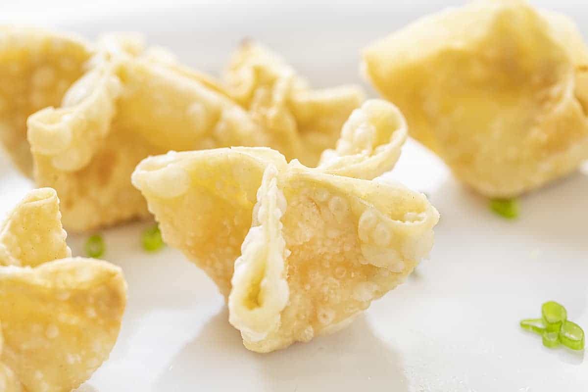 Close up of Homemade Cream Cheese Wonton with Chopped Chives Scattered