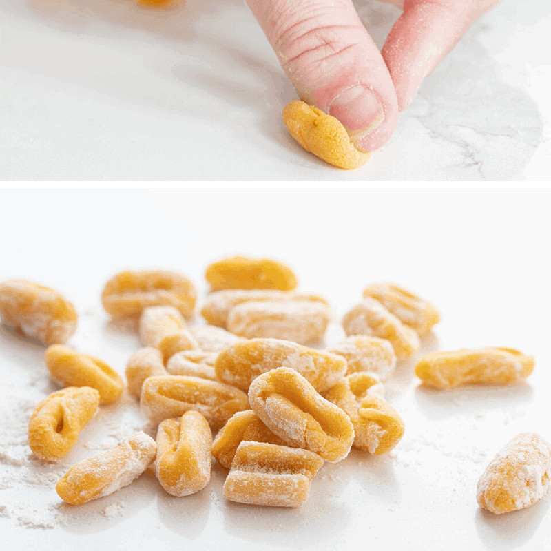 Process Image of a Hand Rolling Cavatelli and then the finished cavatelli noodle 