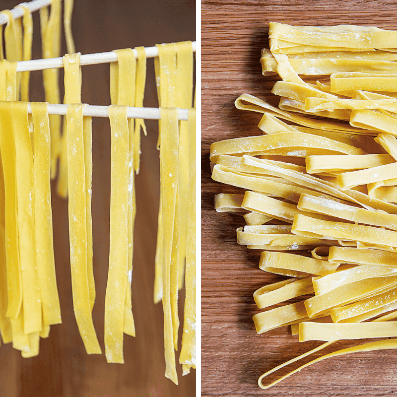 How to Hang Out Cut Pasta to dry and an image of pasta after is has dried on a butcherblock counter