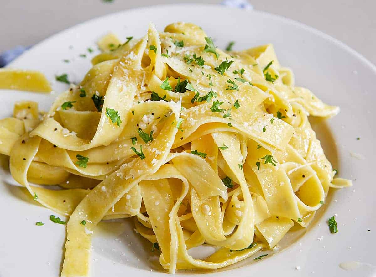 White Bowl of Sourdough Pasta Noodles in Butter Sauce