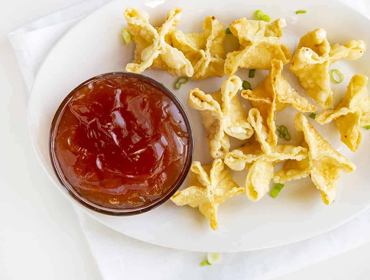 Overhead Image of Sweet and Sour Sauce with Cream Cheese Wontons