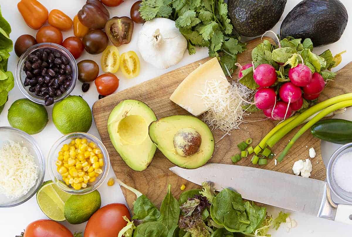 Overhead Image of Ingredients for California Guacamole Salad from Cheesecake Factory