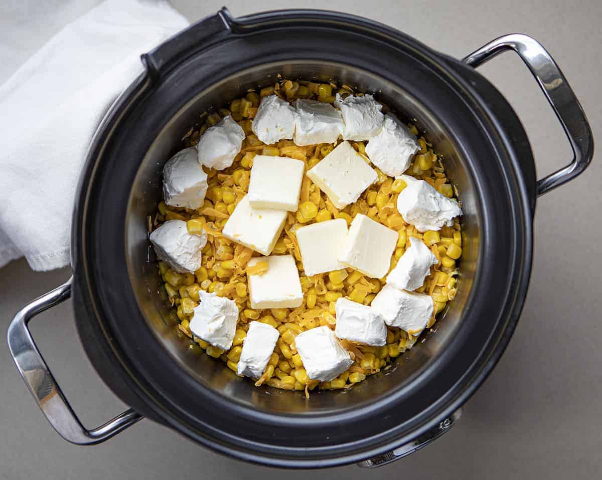 Overhead Image of Raw Ingredients for Crockpot Cheesy Corn