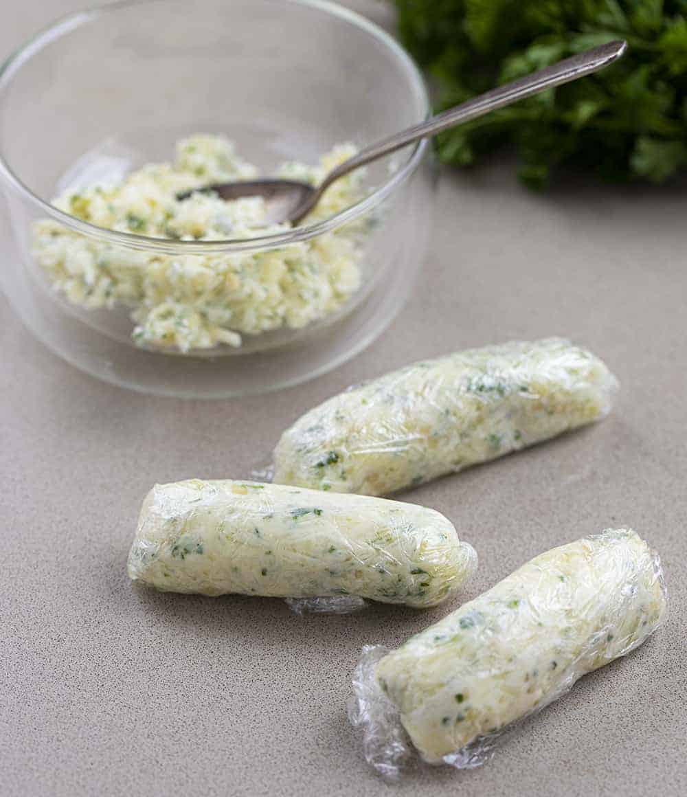 How to Roll Seasoned Butter for Chicken Kiev - Butter Rolled in Plastic Wrap before chilling