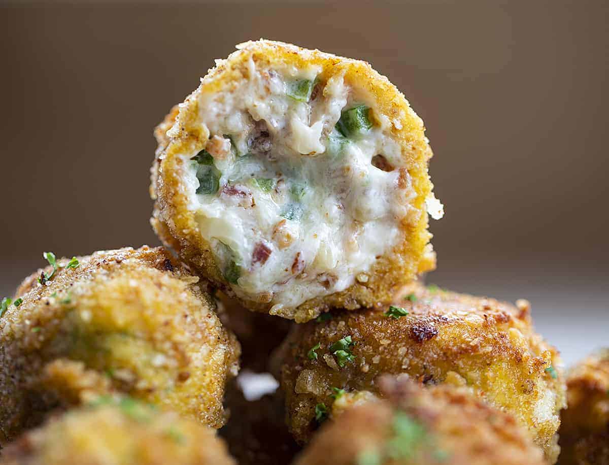 Inside of one Jalapeno Popper Bites and they are stacked on top of each other