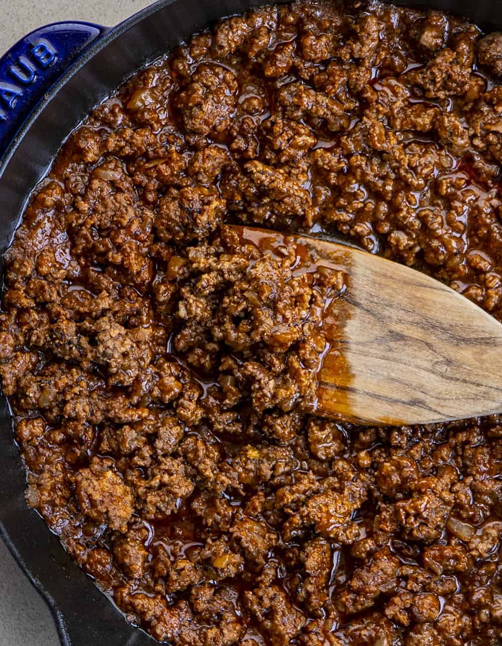 Skillet of Sloppy Joe with Wooden Spoon