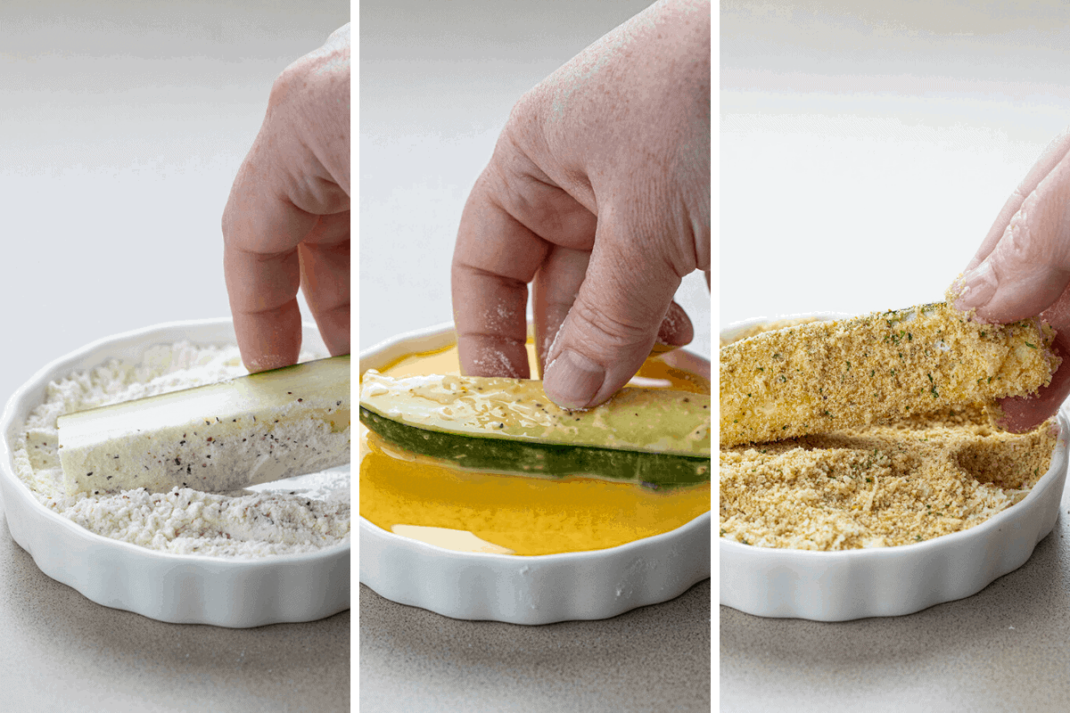 Process Shots of dredging raw Zucchini into seasoned flour, egg, and breadcrumbs.