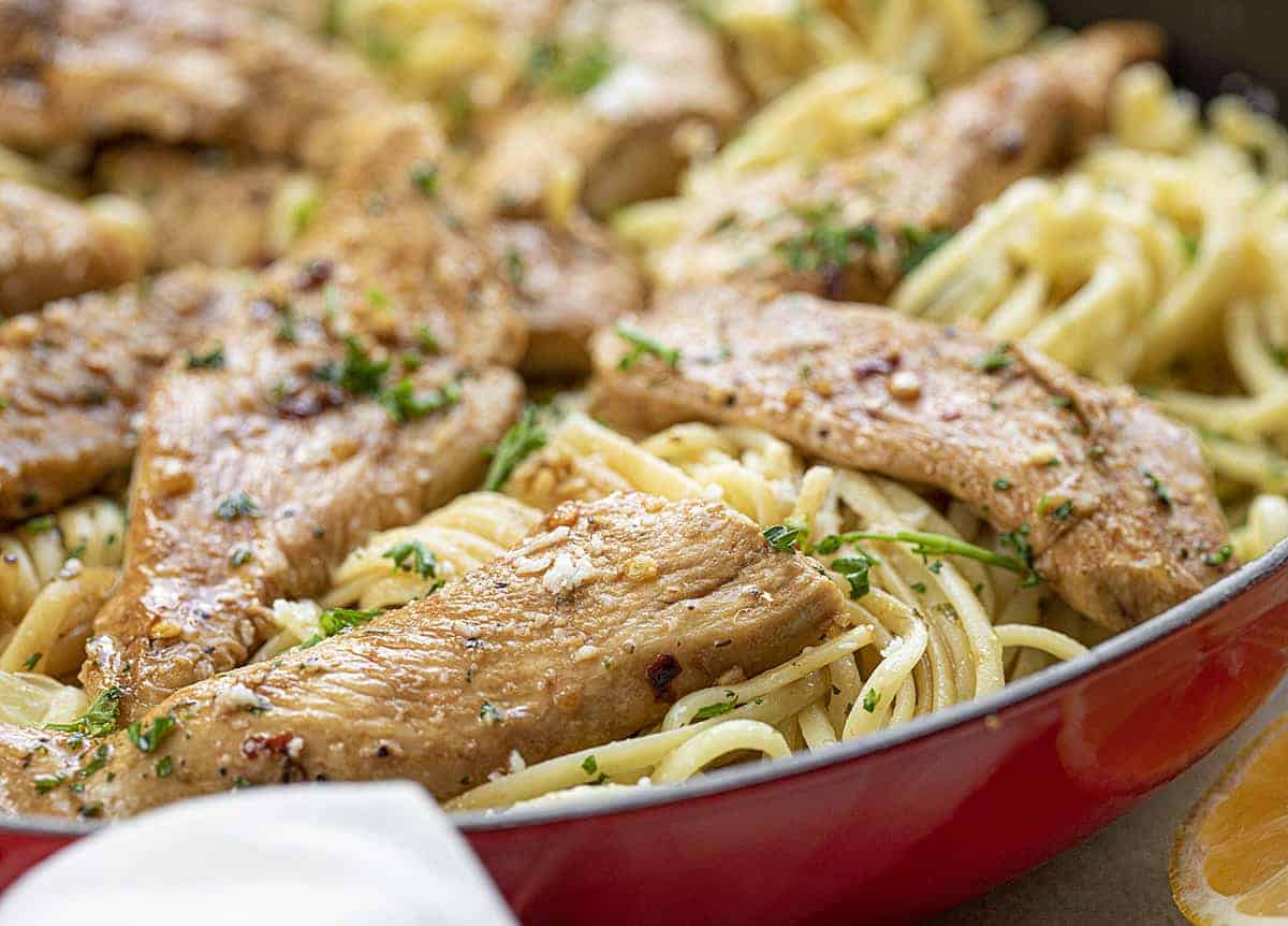 Chicken Scampi Linguini in Red Skillet Showing Chicken