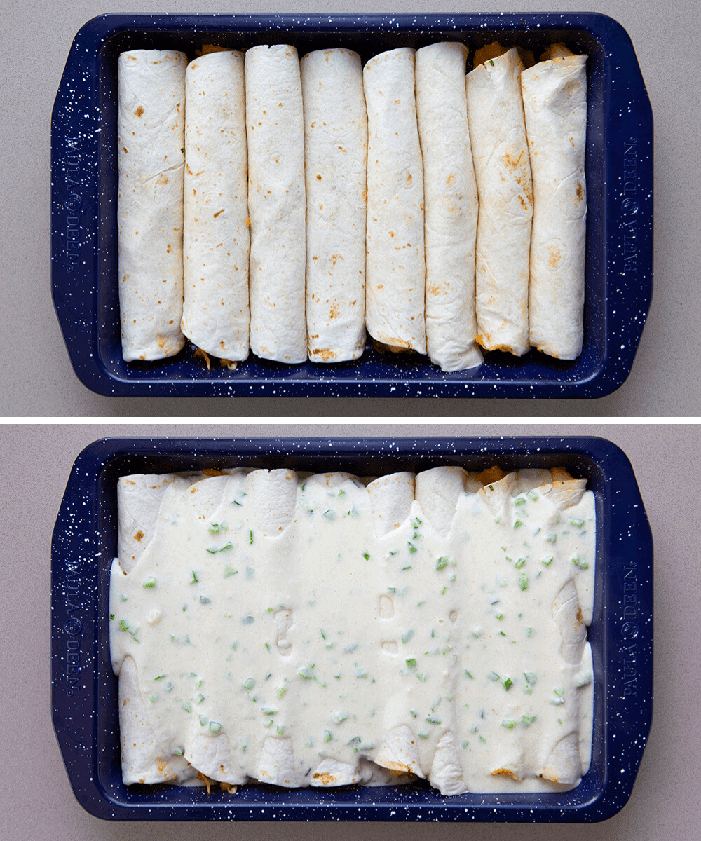 Overhead Process Shots of Seafood Enchiladas in Pan and then Covered in White Cheese Sauce