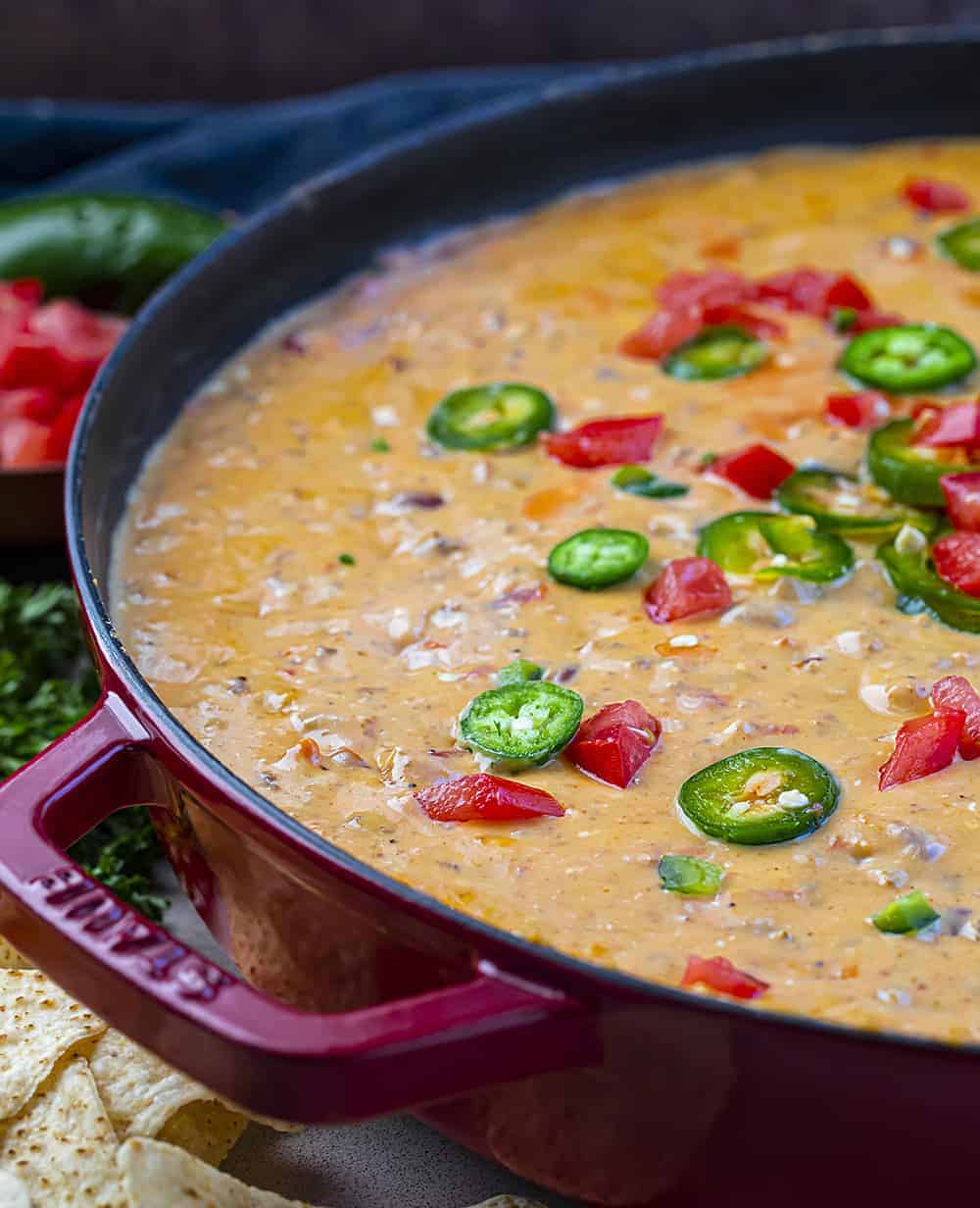 Skillet Queso Dip Recipe Side View with Garnishes