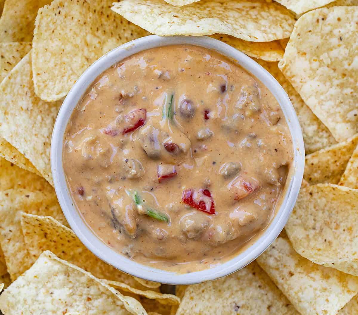 Overhead Image of a Skillet Queso Dip in a Bowl