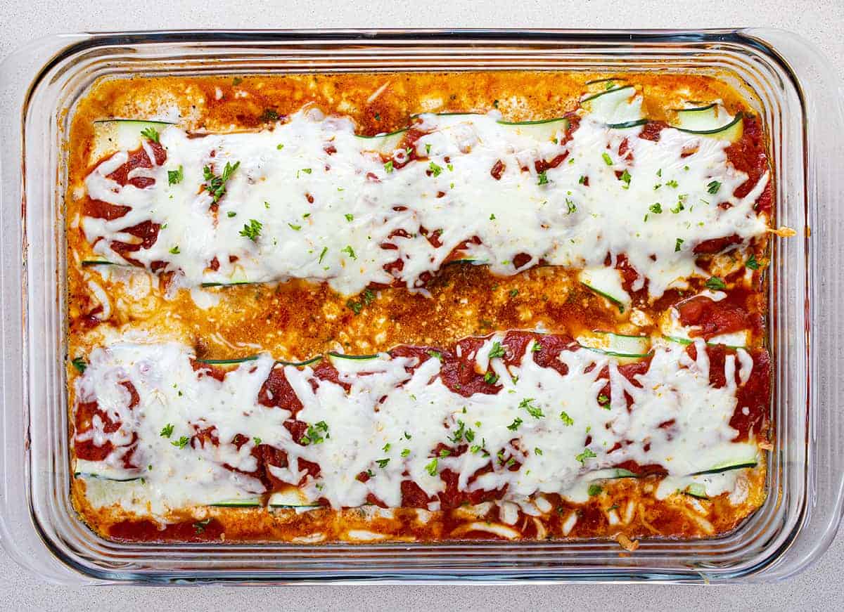 Overhead view of Five Cheese Zucchini Roll Ups in Casserole Pan