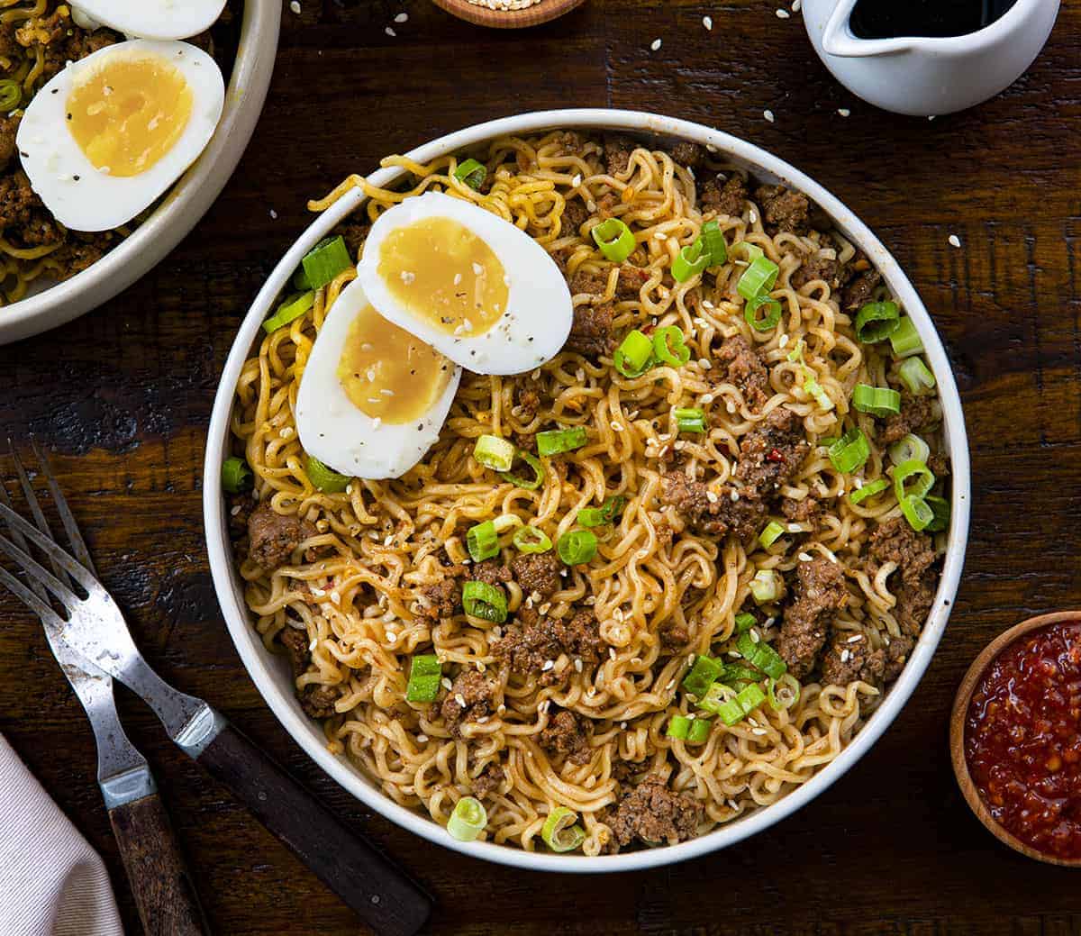 Overhead view of Spicy Beef Ramen in Bowl with Eggs