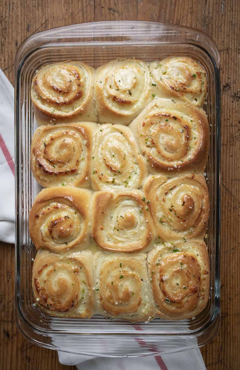 Garlic Cream Cheese Rolls in Glass Pan from Overhead