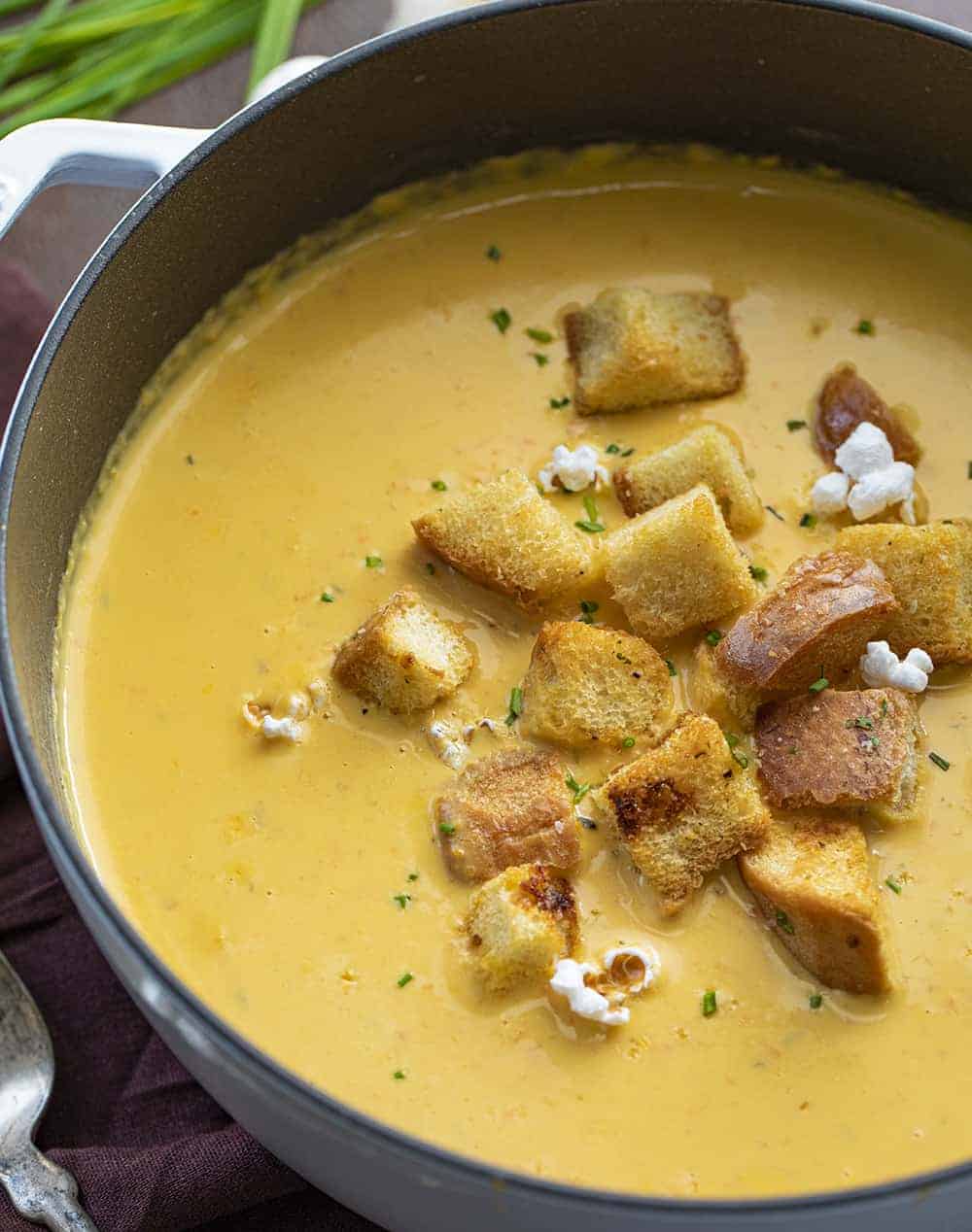 Beer Cheese Soup in Pot with Croutons
