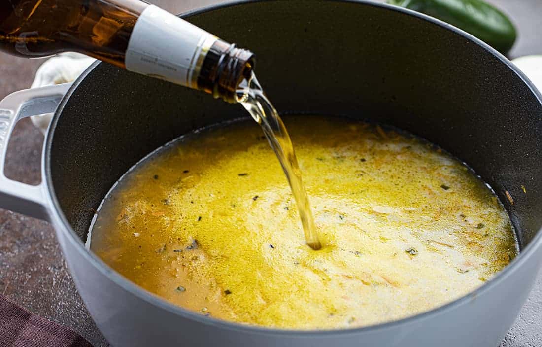 Pouring Beer Into Beer Cheese Soup