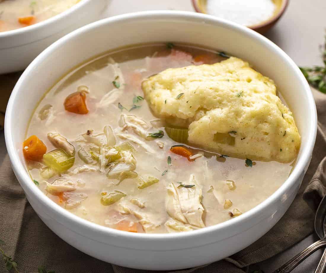 Old Fashioned Chicken and Dumplings in White Bowl