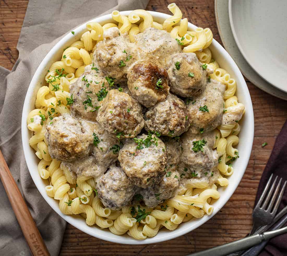 Slow Cooker Peppered Meatballs in Bowl from Overhead