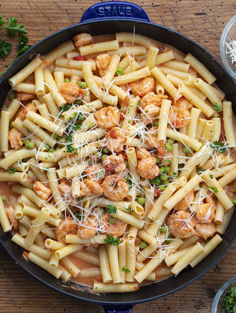 Overhead of Skillet with Shrimp Ziti 