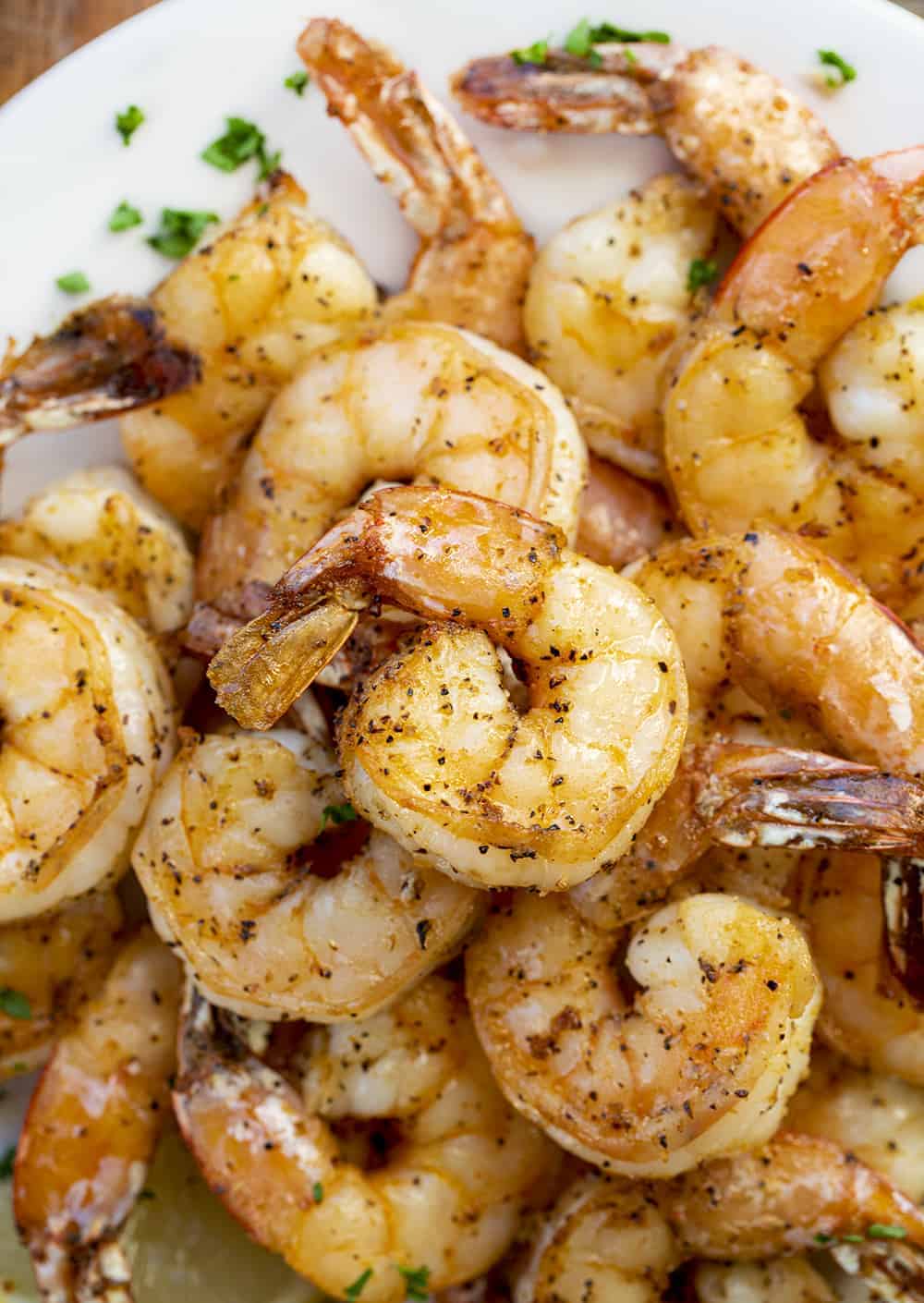 Air Fryer Shrimp Stacked on Plate.