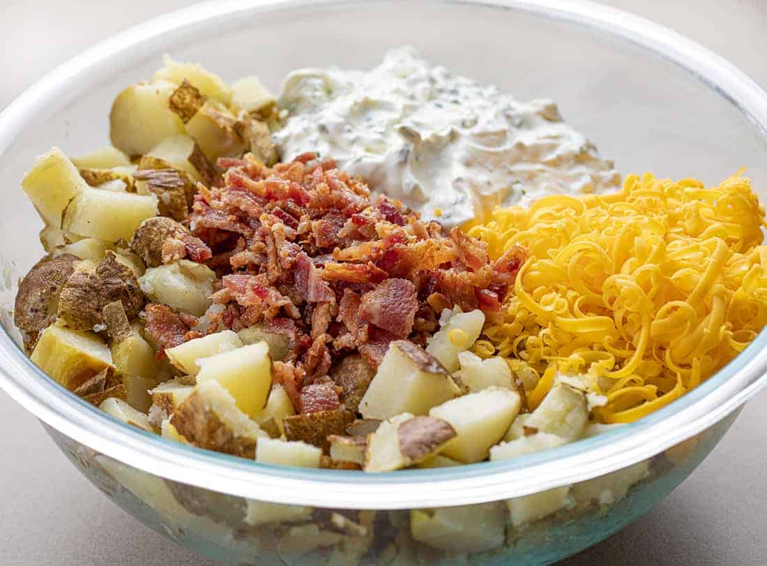 Ingredients for Twice Baked Potato Casserole in Bowl