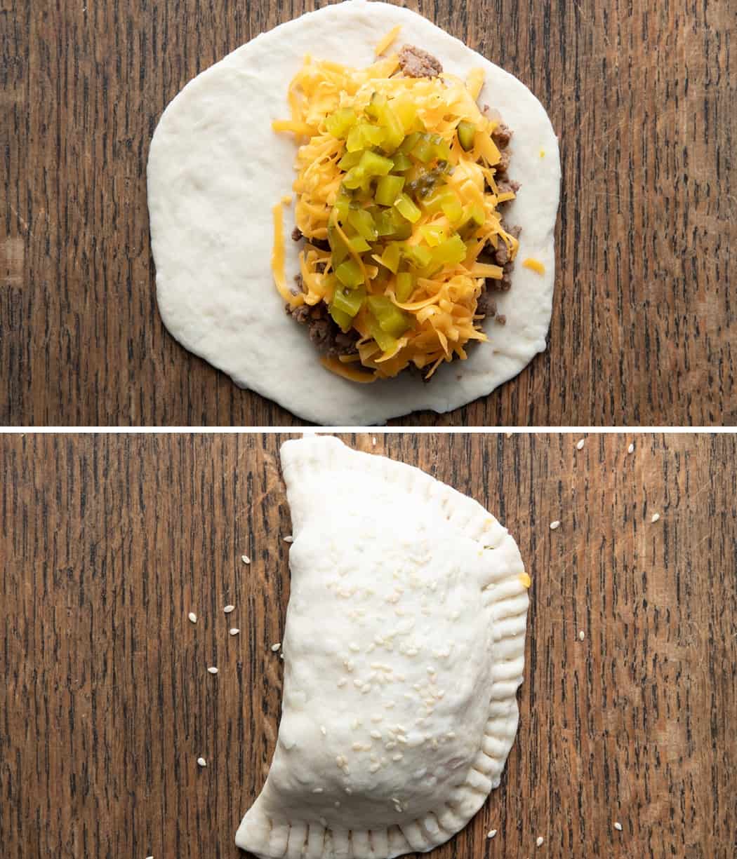 Steps for filling and folding Cheeseburgers Hand Pies