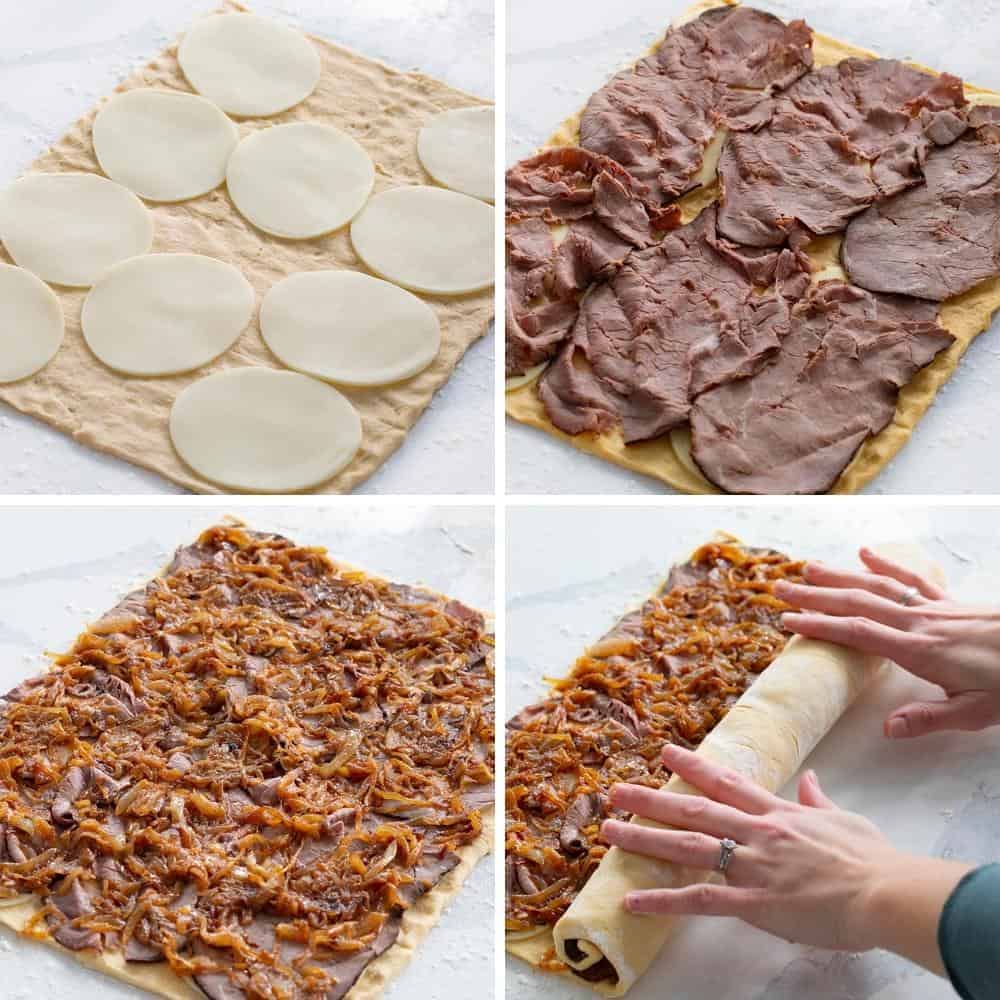 Steps for adding cheese, roast beef, caramelized onions, and rolling Caramelized Onion Roast Beef Rolls 