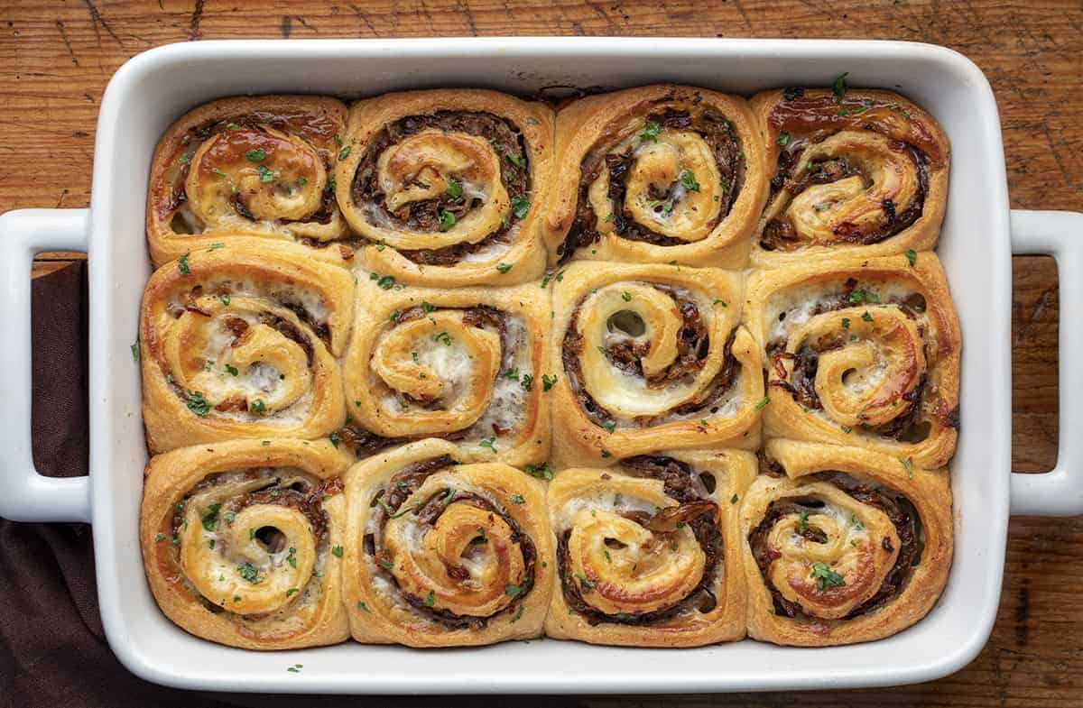 Pan of Caramelized Onion Roast Beef Rolls from Overhead